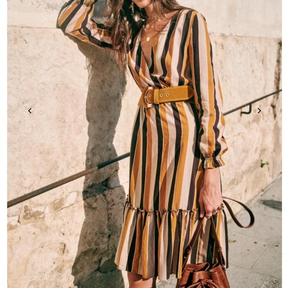 Sezane Dresses & Skirts - Sezane TITIANE DRESS Hazel Tan Stripe Lurex